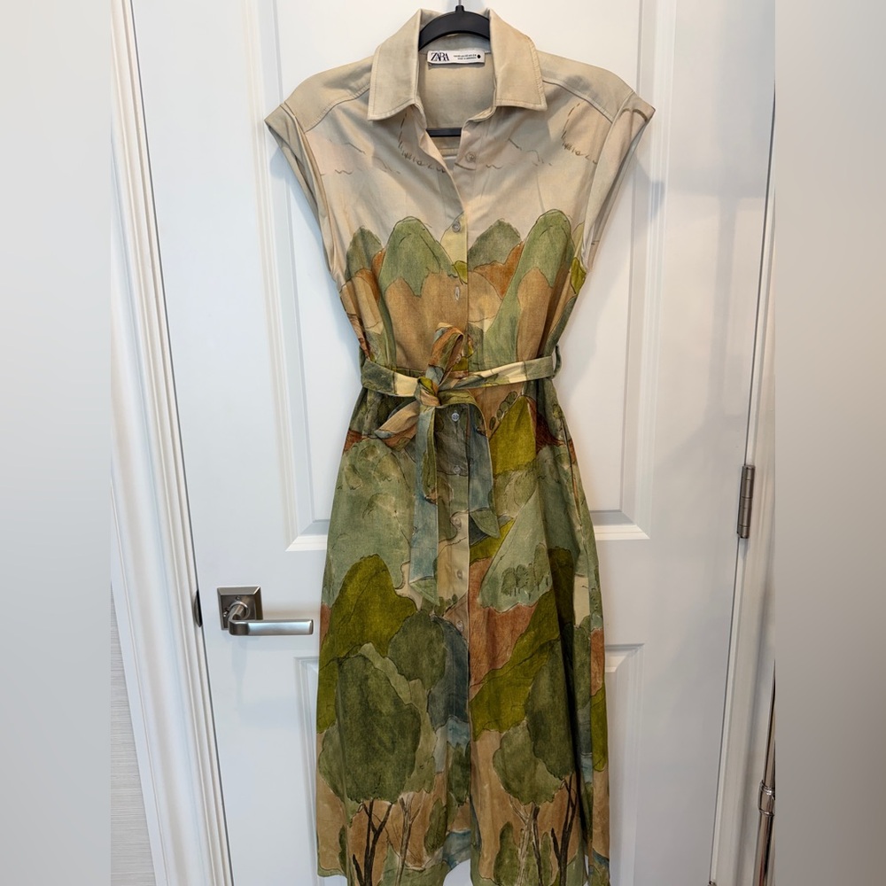 Zara Multicolor Green & Earth-Tone Belted Midi Dress
